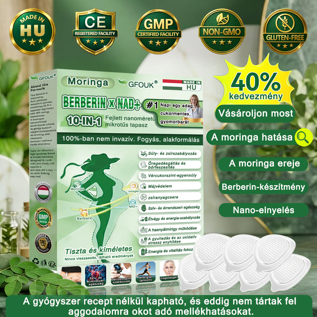 ✅✅Az Országos Népegészségügyi és Gyógyszerészeti Központ (NNGYK) által tanúsítva  | 👨‍⚕️ GFOUK® Moringa · Berberine × NAD+ 10 az 1-ben fejlett nano mikrotűs tapasz👩‍⚕️ | 🌿Tudományos háttérrel | 10 az 1-ben formula | Eredmények 7 nap alatt👩‍⚕️